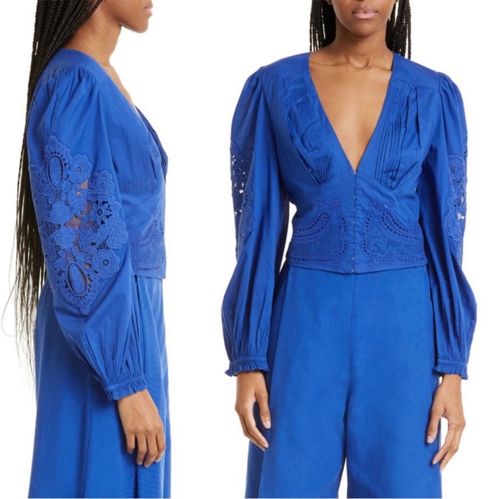 Farm Rio Blue Pleated Embroidered Cotton Longsleeve Top